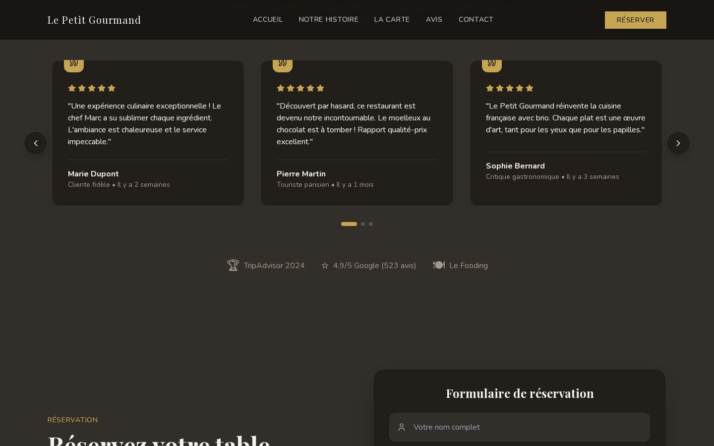 Section contact et réservation du site Le Petit Gourmand