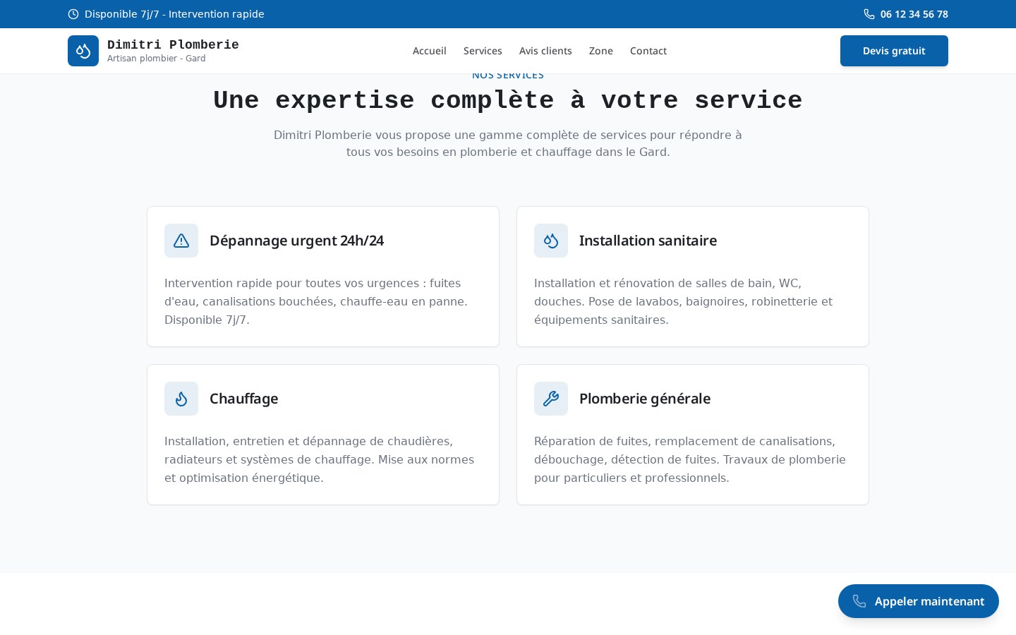 Section services d'un site web de plombier (dépannage, installation, chauffe-eau)